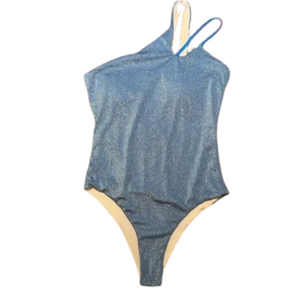 Blue Lurex Sparkle One Shoulder One Piece Swimsuit Medium